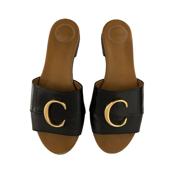 Chloe Shoes - Chloe C Logo Black Leather Slides Sandals with Gold Hardware